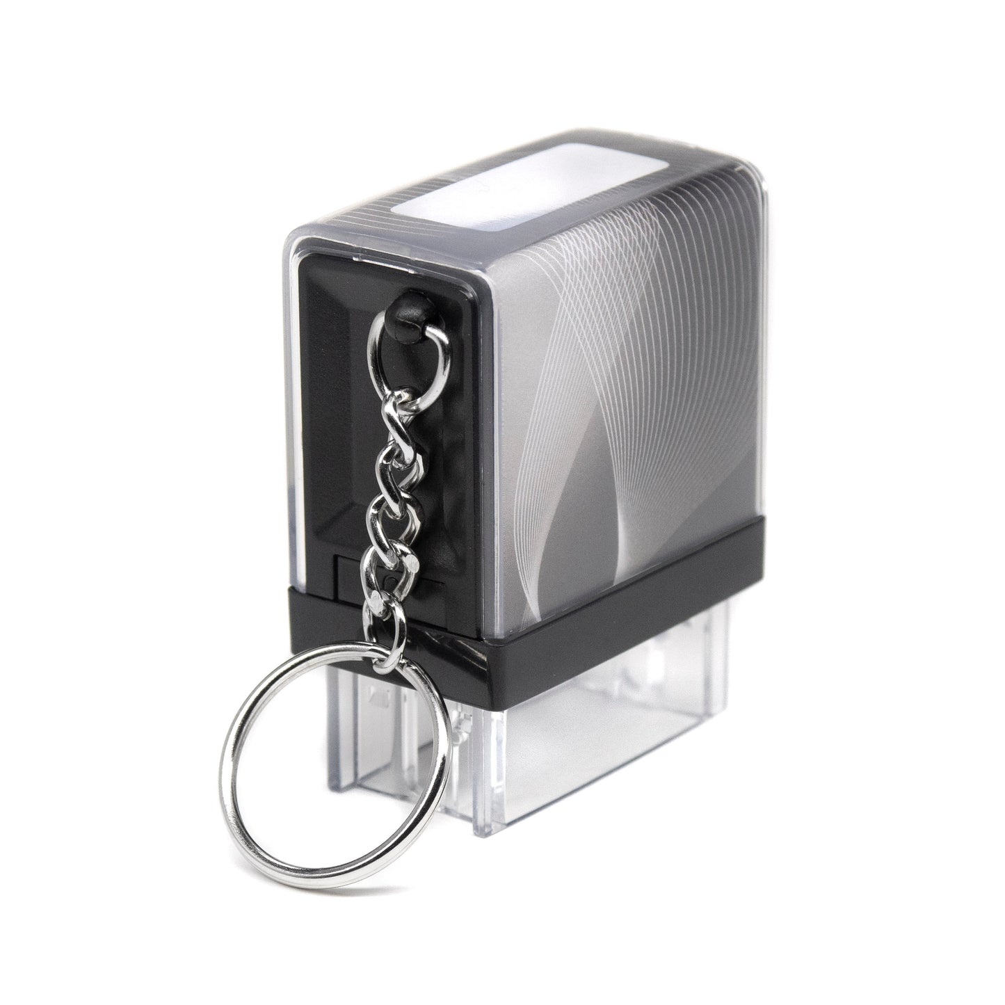 26mm x 9mm - Self-inking Personalised Keyring Key Ring Rubber Stamp With Black Ink - Two Lines Of Text