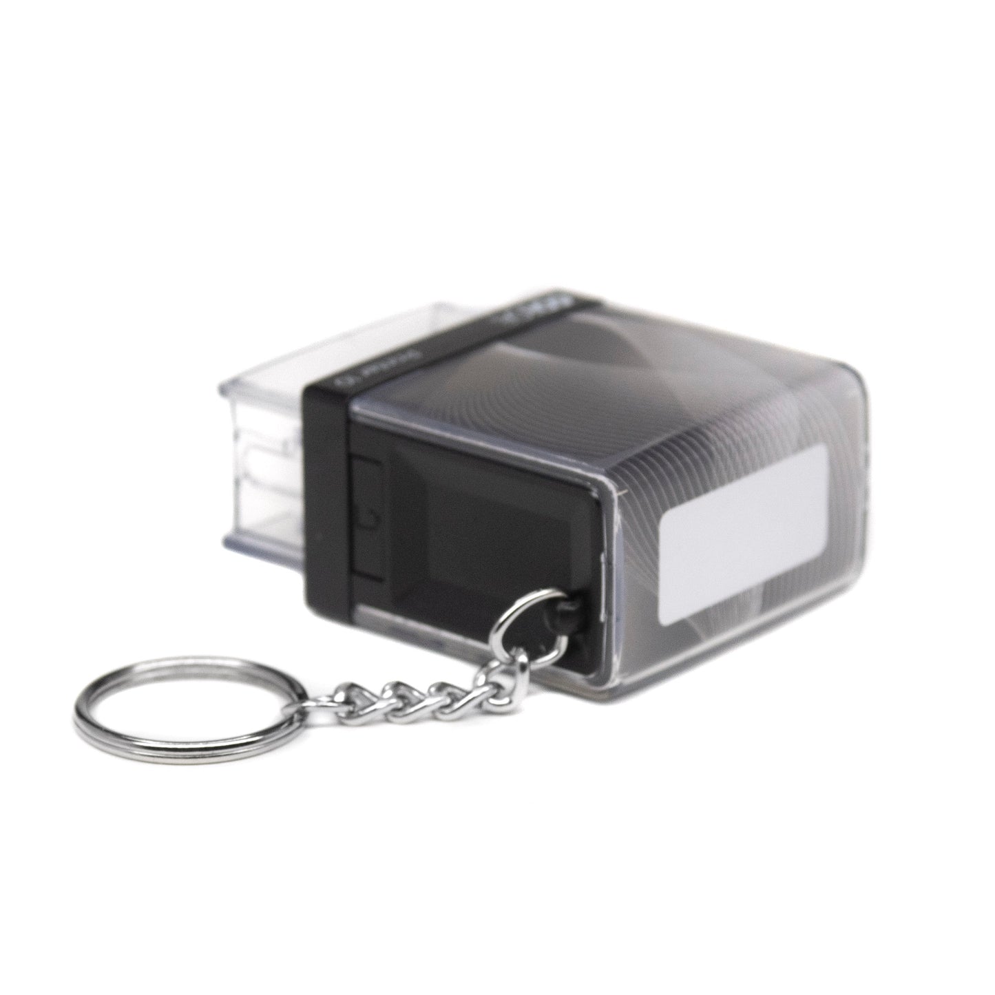 26mm x 9mm - Self-inking Personalised Keyring Key Ring Rubber Stamp With Black Ink - Two Lines Of Text