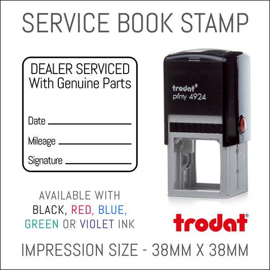 Dealer Serviced With Genuine Parts - With Outline - Self Inking Rubber Stamp - Trodat 4924 - 38mm x 38mm Impression