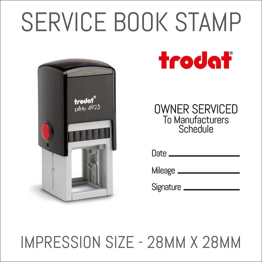 Owner Serviced To Manufacturers Schedule - Self Inking Rubber Stamp - Trodat 4923 - 28mm x 28mm Impression